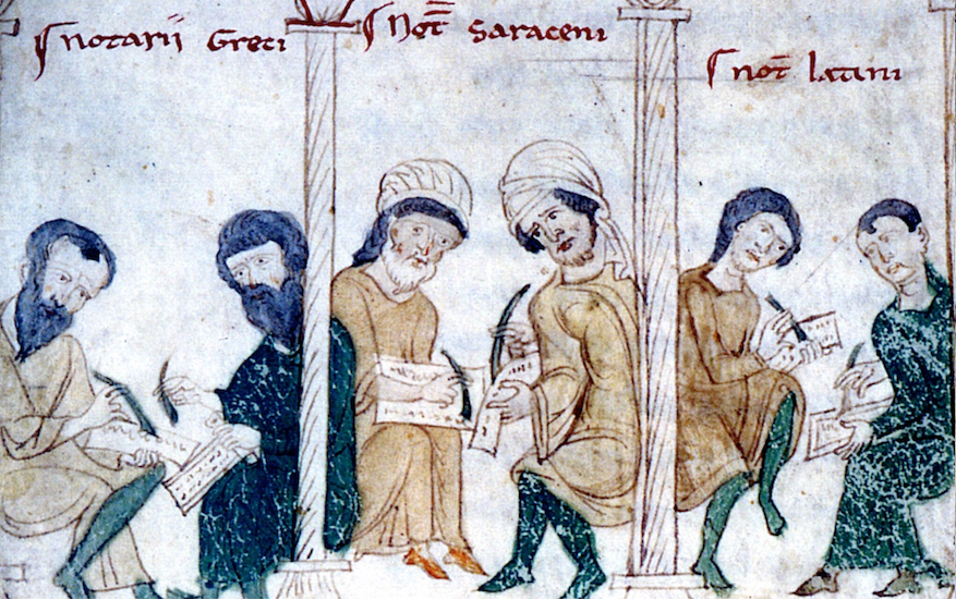 Illustraion showing scribes working on Latin, Greek, and Arabic manuscripts